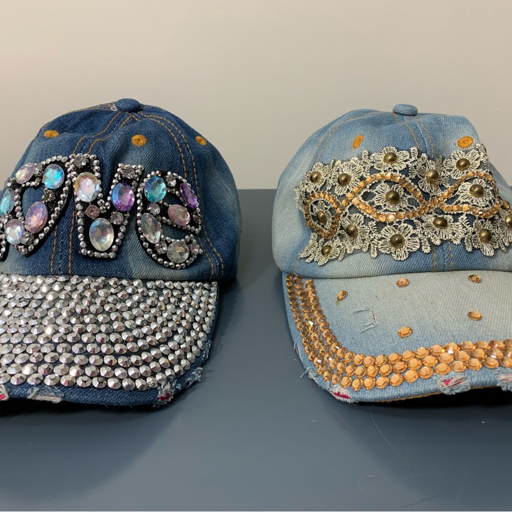 LOT OF TWO Embellished Denim Baseball Caps with Rhinestones - Blue